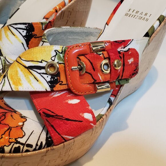 Stuart Weitzman Canvas Floral Print Wedge Sandals Size 6.5 - Picture 1 of 14